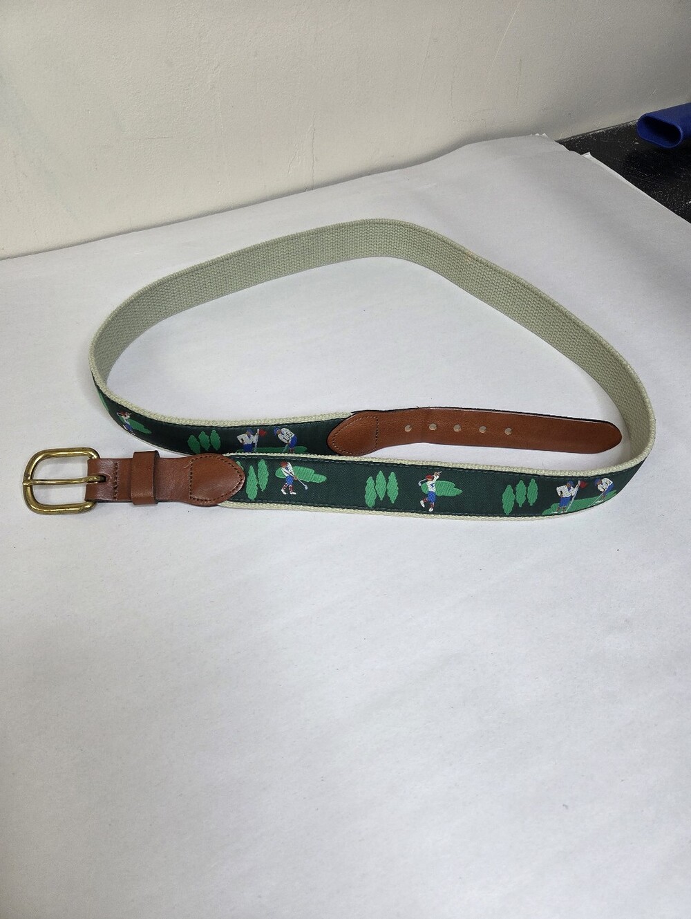 Leather Man Ltd Golf Ribbon Belt Leather Brass Buckle Sz 46 USA